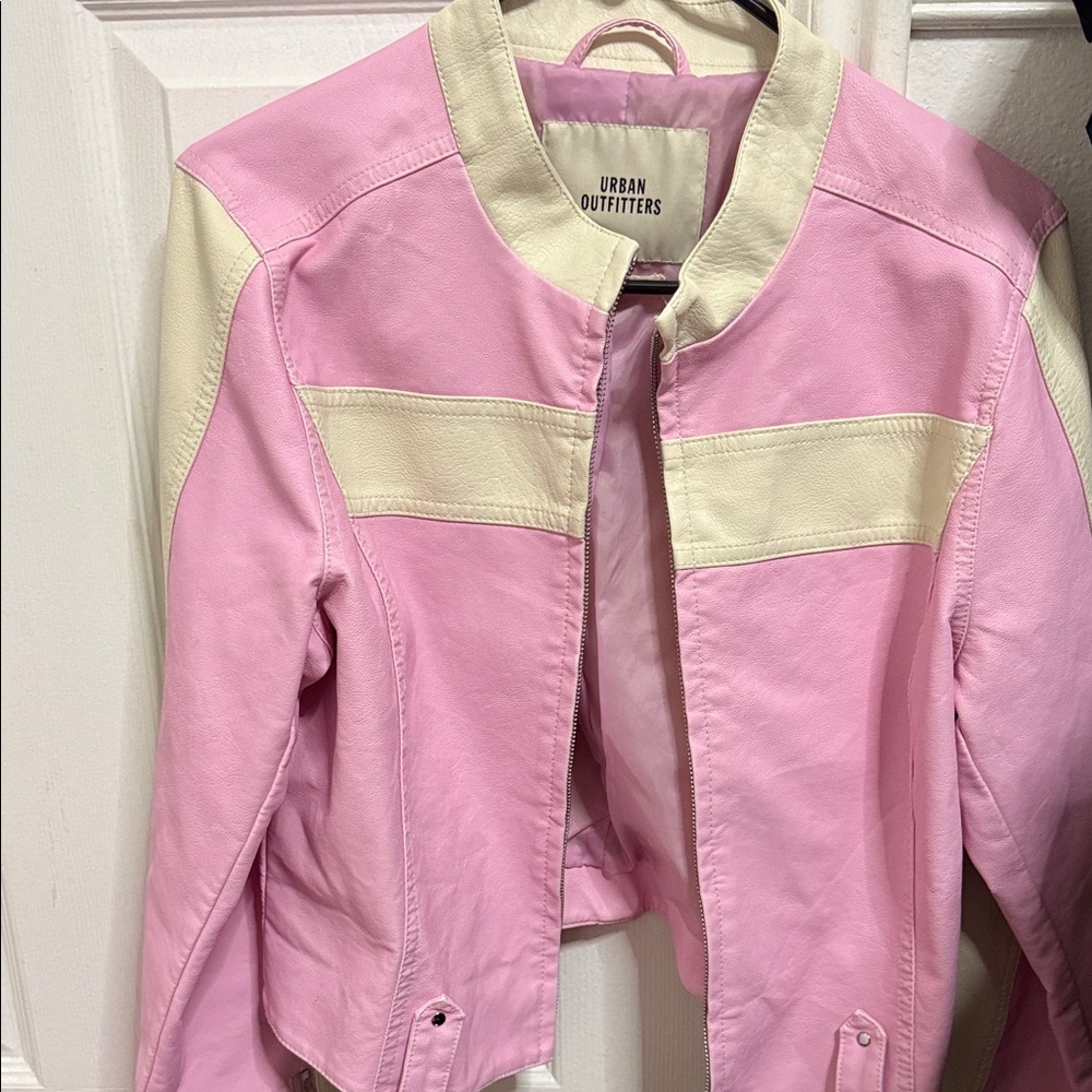Urban Outfitters Pink and White Biker Jacket